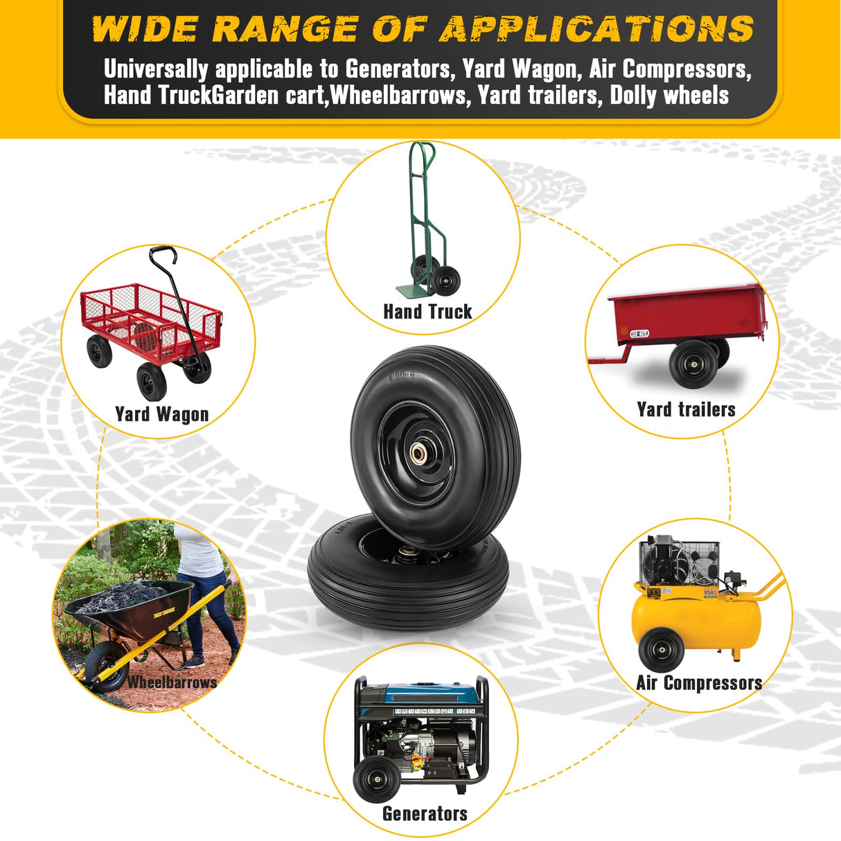 4.00-6 Flat-free Tire and Wheel, 13" Wheelbarrow Wheels and Tires with 5/8" or 3/4" Bearings 4.00-6 Solid Tires Replacement for Wheelbarrow, Gorilla Cart, Hand Trucks, Garden Carts(2 PCS)