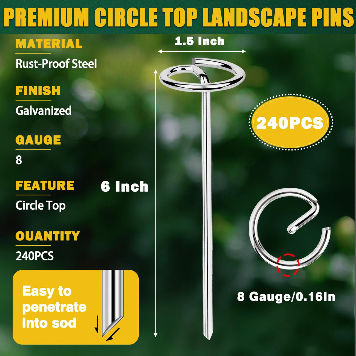 GESTONE 240 PCS Landscape Fabric Staples Stakes, Larger Circle Top Pin 4MM