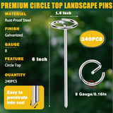 GESTONE 240 PCS Landscape Fabric Staples Stakes, Larger Circle Top Pin 4MM