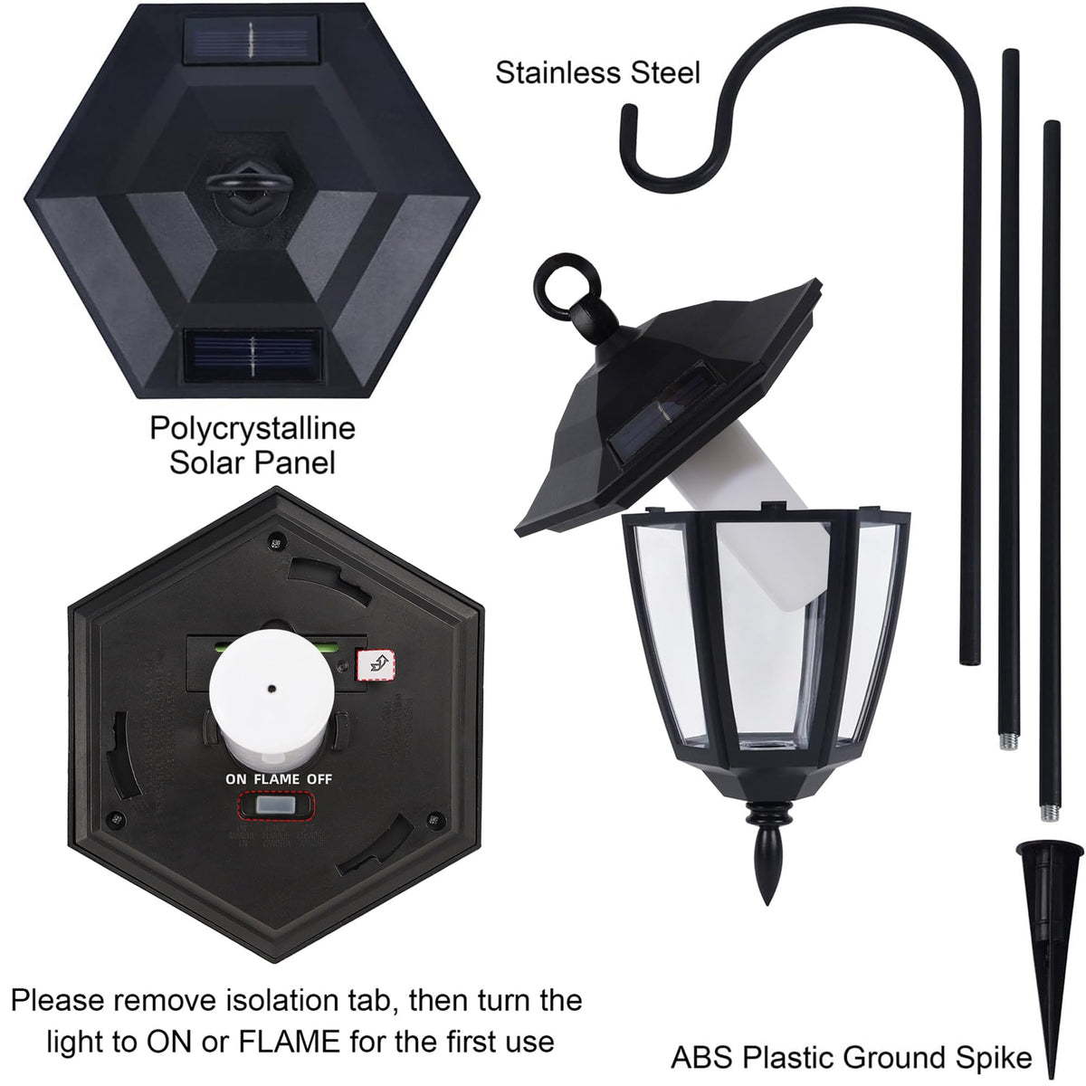 Dynaming 4 Pack Solar Flame Hanging Lights Outdoor, Halloween Solar Flickering Flame LED Garden Lanterns with 4 x 38 Inch Shepherd Hooks, Christmas Lighting for Lawn Patio Yard Pathway Driveway
