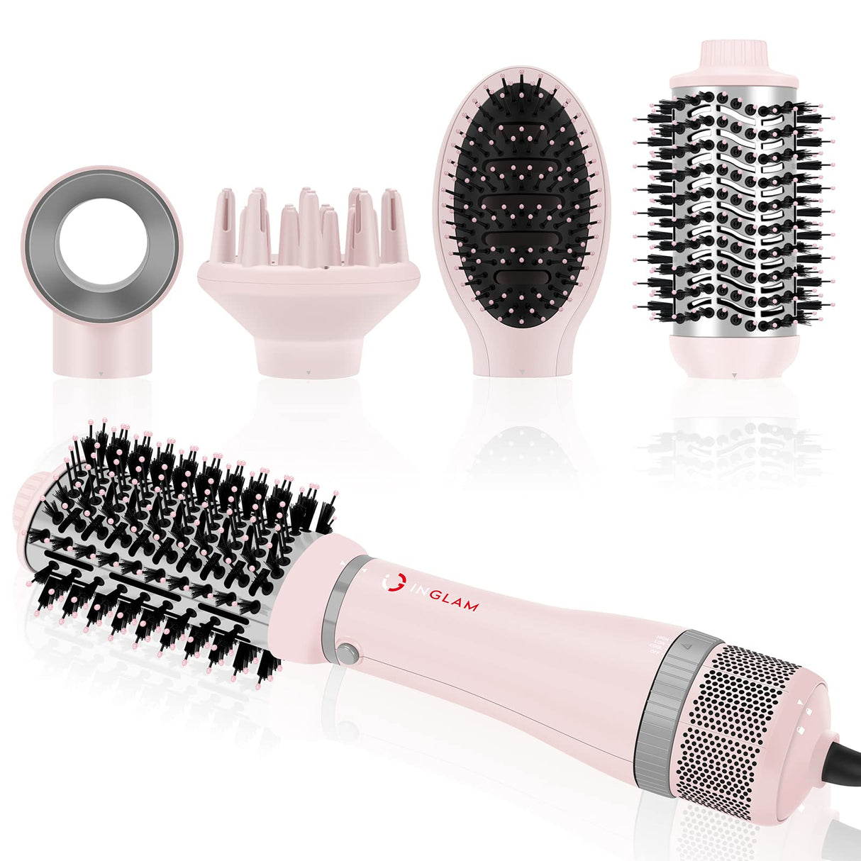 IG INGLAM 4 in 1 Blowout Hair Dryer Brush Set - Negative Ion Detachable Hair Dryer, Volumizer Styler with 2 Brush Heads, Pink