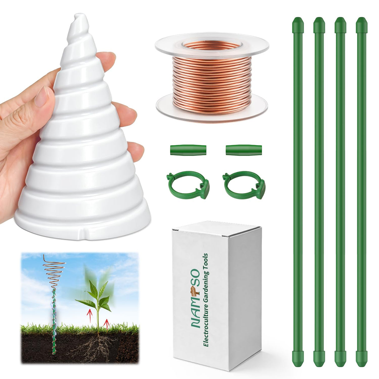 NAMTSO Electroculture Copper Wire for Gardening Tools - Exclusive Extra Large Spiral Antenna Cone, 32.8 FT Pure 16 Gauge Copper Wire for Plants Growth, 4 Pack Extendable Plant Stakes Max Length 24"
