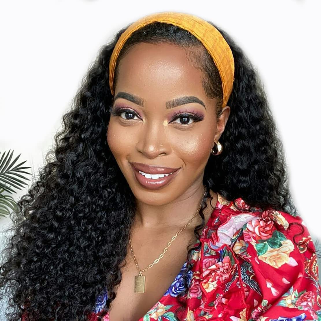 Headband Wig Deep Wave Human Hair Wigs 22 inch Glueless None Lace Front Wigs Machine Made Virgin Curly Human Hair Wigs for Black Women Deep Wave Headband Wig Human Hair Natural Color