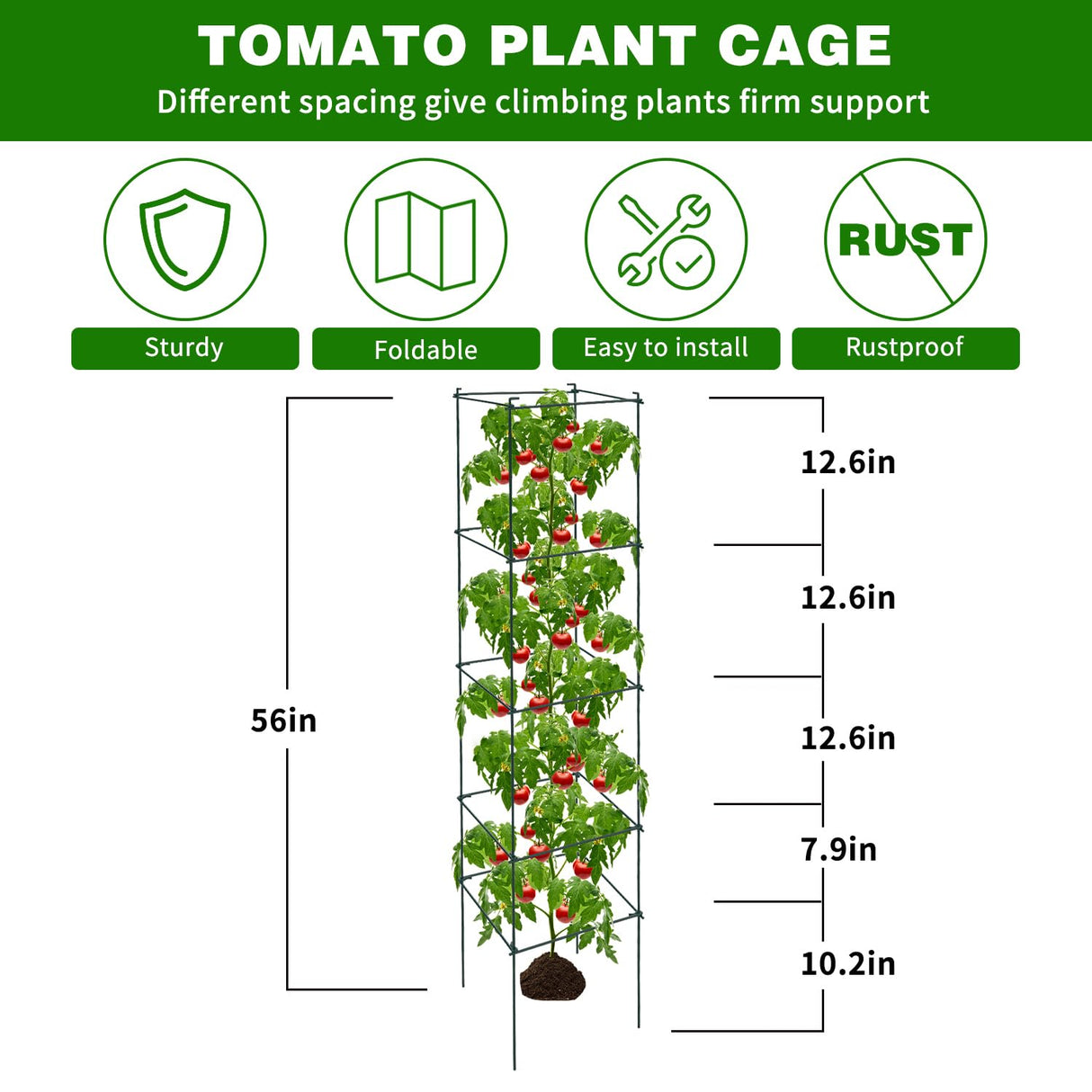 LAKNUAL 6 Packs Tomato Cages for Garden, 12"×12"×56" Plant Support Cage with Different Spacing, Green Metal Trellis for Climbing Plants Like Cucumber, Flowers