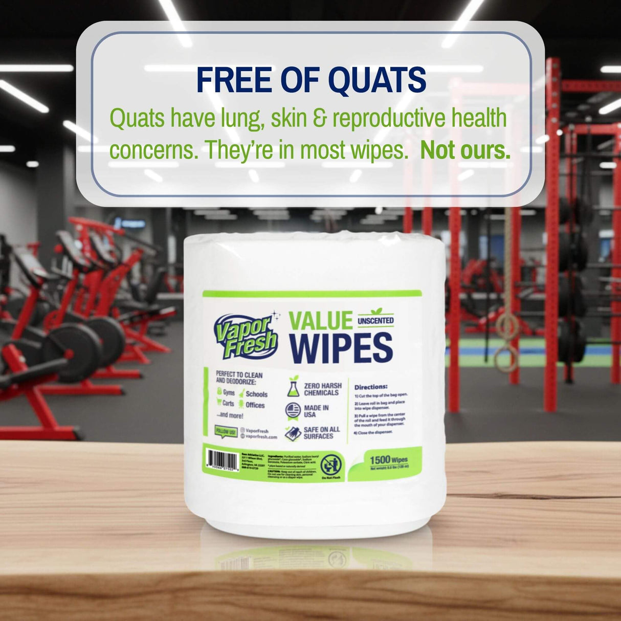 Vapor Fresh Value Wipes - 1,500 Count x 4 Rolls (6,000 Total Wipes) Plant Powered Commercial Grade Cleaner For Gym Equipment, Fitness Studios, Spas, Schools - Bulk Refill Rolls - Unscented