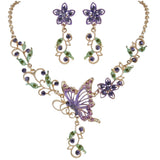 EleQueen Women's Butterfly Flower Leaf Purple Necklace Earrings Set