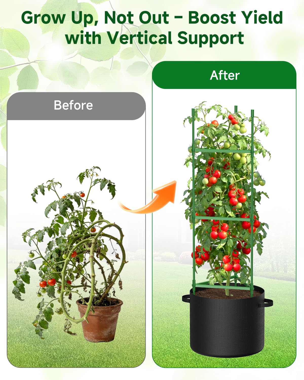 MQJIAZHI 4 Pack Tomato Trellis Cages 55 Inch Height, with 17 Gallon Square Grow Bags, Heavy Duty Tomato Plant Support Stakes for Outdoor Garden Climbing Vegetables Fruits Flowers