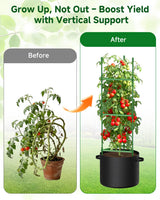 MQJIAZHI 4 Pack Tomato Trellis Cages 55 Inch Height, with 17 Gallon Square Grow Bags, Heavy Duty Tomato Plant Support Stakes for Outdoor Garden Climbing Vegetables Fruits Flowers