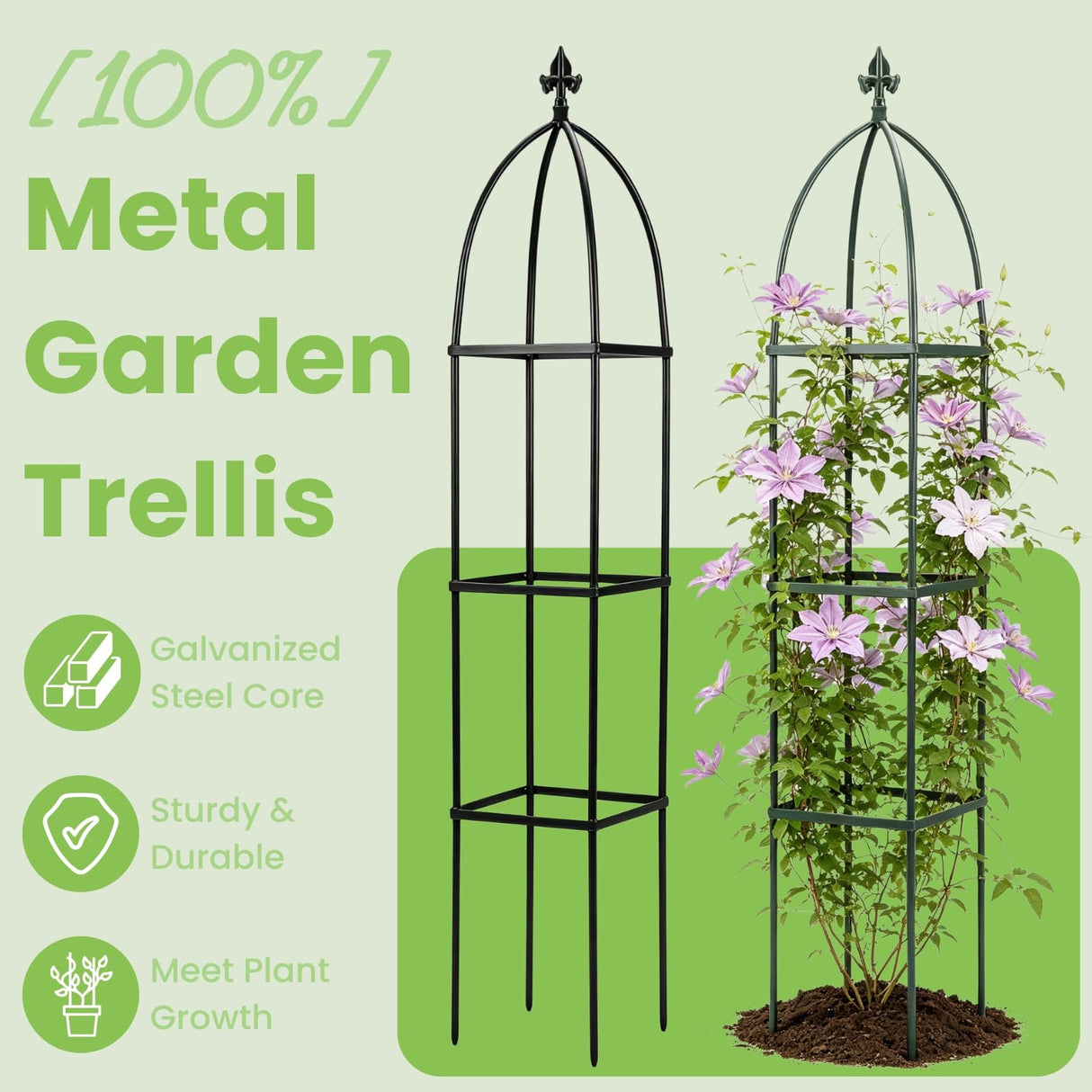Lancisism 100% Metal Trellis for Climbing Plants Outdoor - Garden Metal Obelisk Trellis Vertical Plant Support for Climbing Vines & Flowers - Sturdy Steel Arch Trellis for Potted Plants Indoor Green