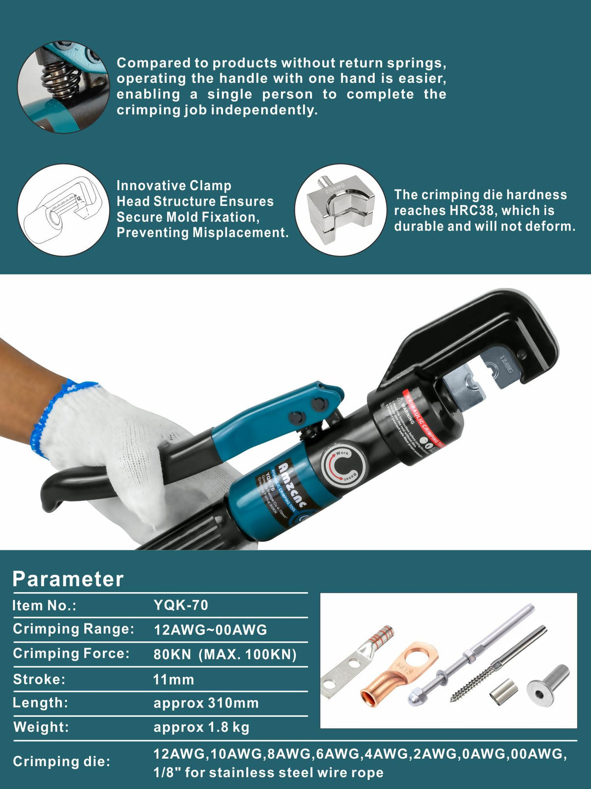 10 Ton Hydraulic Battery Cable Crimper – Single-Hand Return, 9 Hex Dies for 12-2/0 AWG, 180° Rotating Head, Pro Terminal Tool for Car/RV/Marine Power