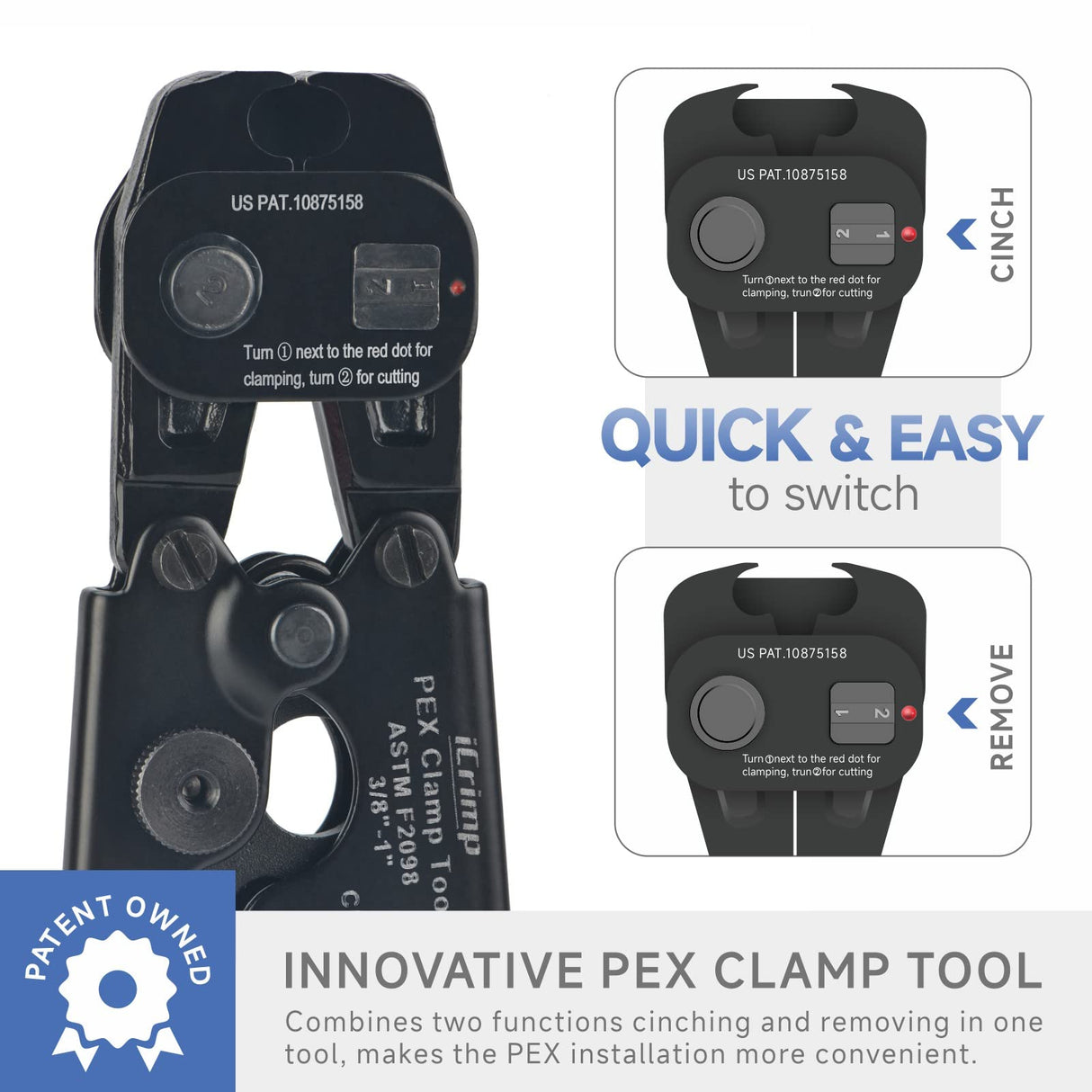 iCRIMP Ratchet PEX Cinch&Remove Tool for 3/8 to 1-inch Stainless Steel Clamps-work with ASTM F2098 and Non 2098 Single Ear Hose Clamps