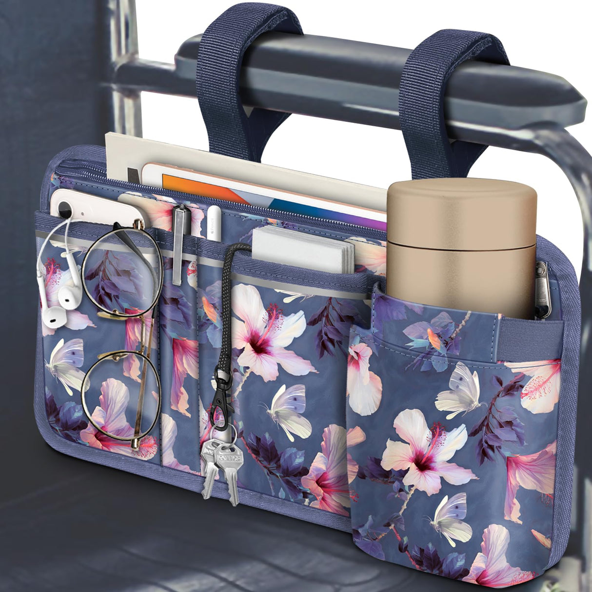 FINPAC Wheelchair Side Storage Bag w/Cup Holder, Wheelchair Armrest Accessories Pouch with Pen Slot and Reflective Strips for Power Walkers, Rollators, Seniors - Blooming Hibiscus