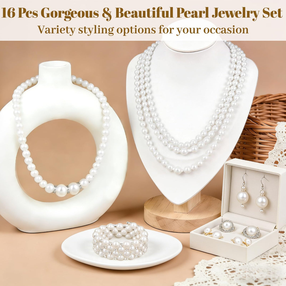 Jupwalz 16 Pcs Pearl Jewelry Set with Necklace, Earrings and Bracelets, Pearl Necklaces for Women, Faux Pearls Set Jewelry for Wedding Bridal Christmas Party