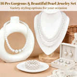 Jupwalz 16 Pcs Pearl Jewelry Set with Necklace, Earrings and Bracelets, Pearl Necklaces for Women, Faux Pearls Set Jewelry for Wedding Bridal Christmas Party