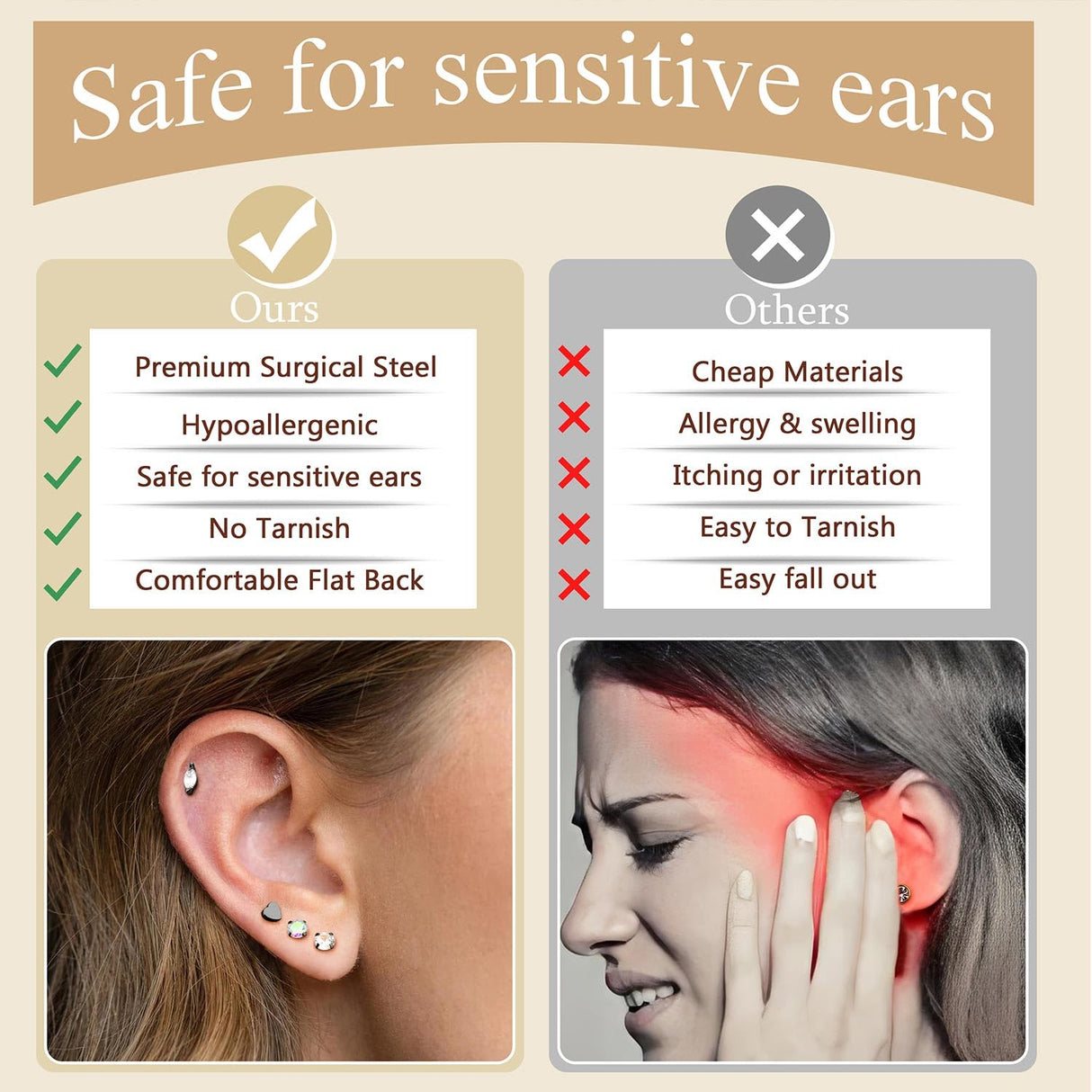 Jstyle 21 Pairs Hypoallergenic Flat Back Stud Earrings for Women Men Surgical Stainless Steel Earrings for Sensitive Ears Cartilage Earring Small Studs Earrings Set Stacks Screw Back Black Earrings