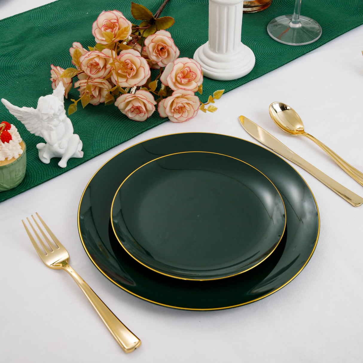 PULOTE 100PCS Green Plastic Plates - Green Disposable Plates With Gold Rim - Include 50 Pieces Dinner 10.25inch,50 Pieces Dessert 7.5inch for Party&Christmas