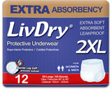 LivDry Adult XXL Incontinence Underwear, Extra Absorbency Adult Diapers, Leak Protection, XX-Large, 12-Pack