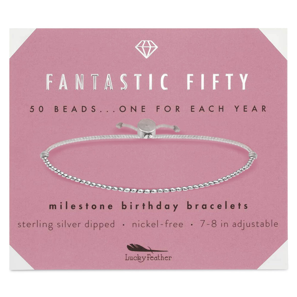 Lucky Feather 50th birthday gifts for her | 50th birthday gifts for women Bracelet | 14K Gold, Rose Gold, or Silver Dipped Beads on Adjustable Cord | Trendy 50 year old gifts for women | With Card