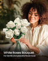 iATOM White Rose Bouquet Building Set, Wedding Artificial Flowers Botanical Collection for Adults Women, Gift for Valentines Day & Christmas - Home Office Table Centerpiece Decor - IA11013