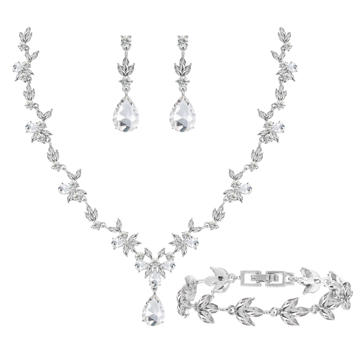 Paxuan Bridal Wedding Elegant Floral Jewelry Set for Women/Brides/Bridesmaids Crystal Jewelry Set for Wedding Prom Party Bridal Crystal Necklace Earrings Bracelet Set (White (Silver))