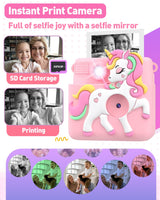 Kids Camera Instant Print with Silicone Cover, Creative Gifts for Girls Age 4-12 Birthday Christmas, 1080P Digital Camera Toy with 32GB SD Card - Pink