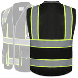 JKSafety 10 Pockets Hi-Vis Zipper Front Black Safety Vest | Cushioned Collar | High Reflective Tapes with Extended Neon Yellow Strips | Meets ANSI/ISEA Standards (Large, 89-Black)