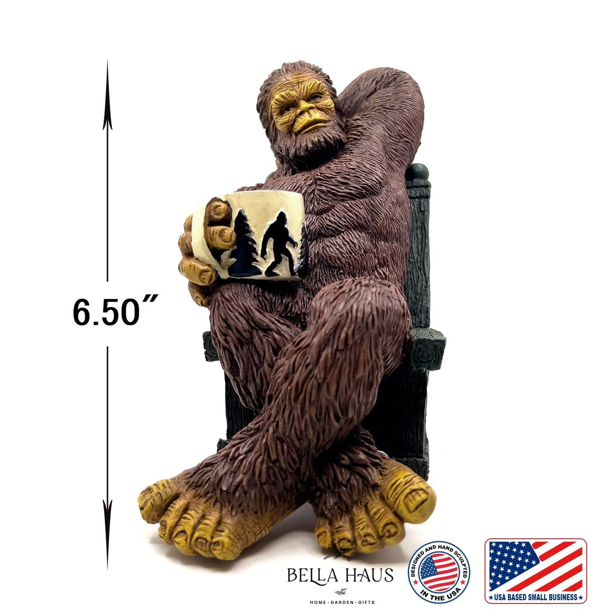 Bella Haus Bigfoot Garden Statue | Sasquatch Enjoying Morning Coffee | Whimsical Bigfoot Cabin Décor for Yard Patio Office or Home | Mythical Coffee-Loving Sasquatch Figurine | Hand-Painted Resin