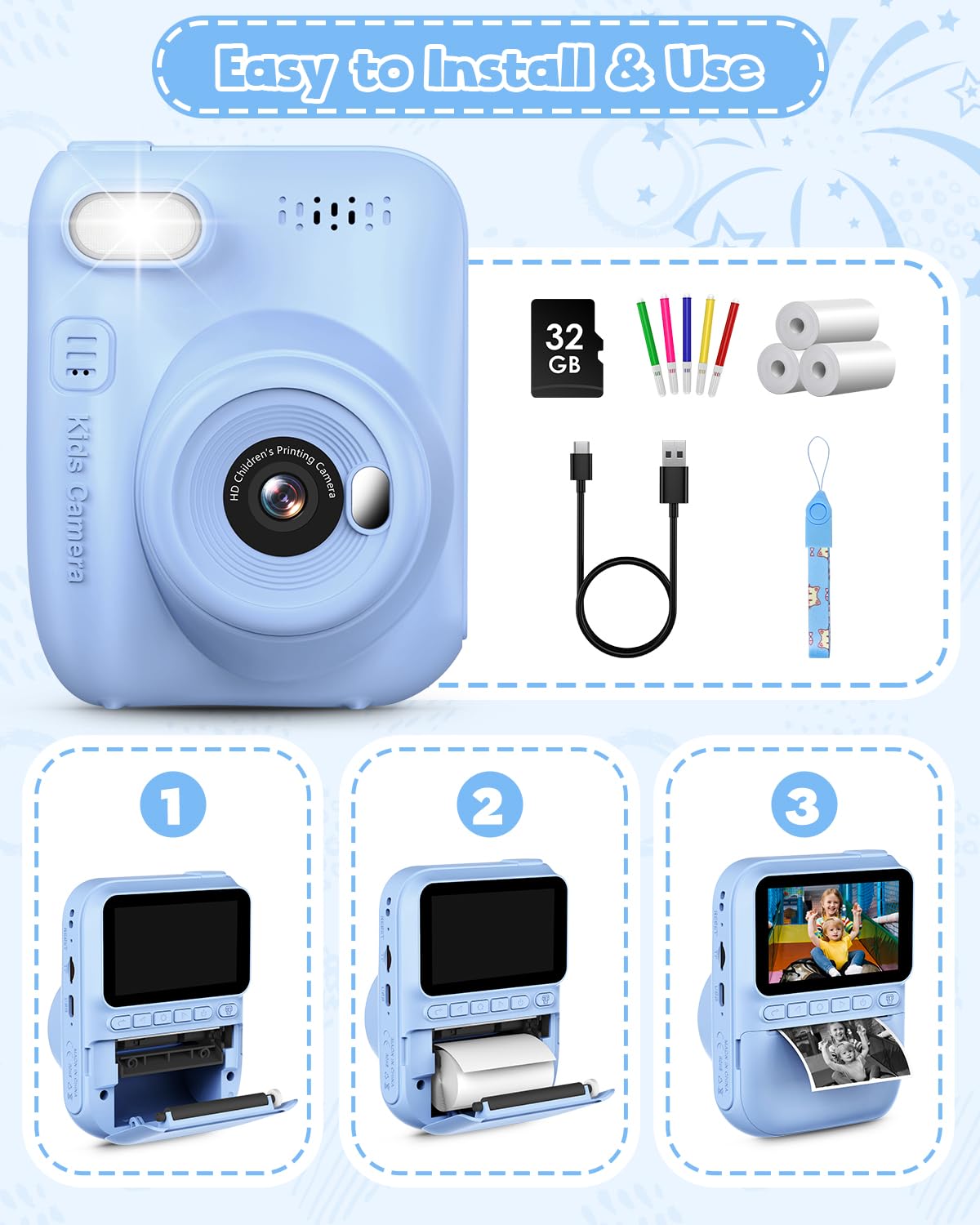 Kids Instant Print Camera, 3.0-inch HD Screen 32MP Photo Instant Digital Camera Christmas Birthday Gifts Toys for Children Girls Boys Age 3-12 - Blue