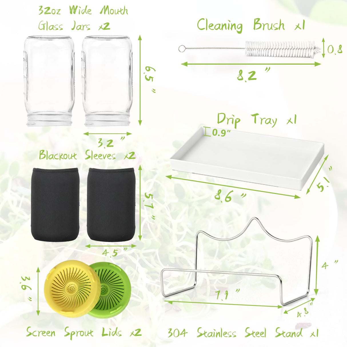 Seed Sprouting Kit - 2×32 Oz Wide-Mouth Mason Jars with Sprouter Lids, Stand, Sprout Tray & Light Shield, for Broccoli, Alfalfa, Mung Beans & Microgreens (Yellow + Green)