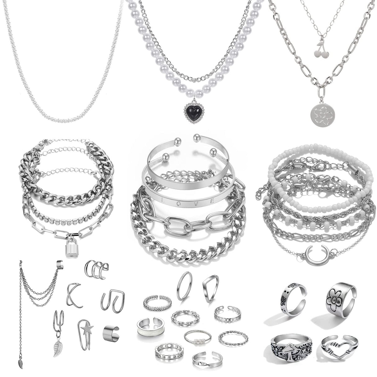 IFKM 36 PCS Silver Plated Jewelry Set with 3 PCS Necklace, 12 PCS Bracelet, 7 PCS Ear Cuffs Earring, 14 Pcs Knuckle Rings for Women Valentine Anniversary Birthday Friendship Gift