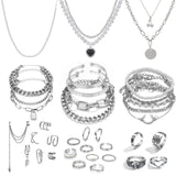 IFKM 36 PCS Silver Plated Jewelry Set with 3 PCS Necklace, 12 PCS Bracelet, 7 PCS Ear Cuffs Earring, 14 Pcs Knuckle Rings for Women Valentine Anniversary Birthday Friendship Gift