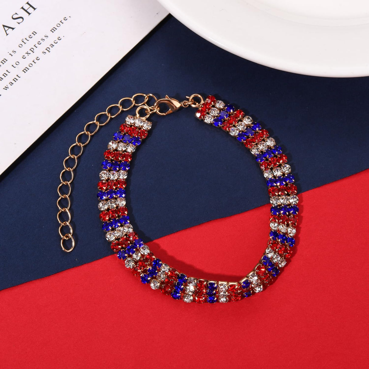 4 th of July Bracelet for Women American Flag Patriotic Bracelet Sparkle Red White Blue Rhinestone Beaded Tennis Bracelet USA Trendy Fashion Jewelry Accessories Gift (red white blue rhinestone bracelet)