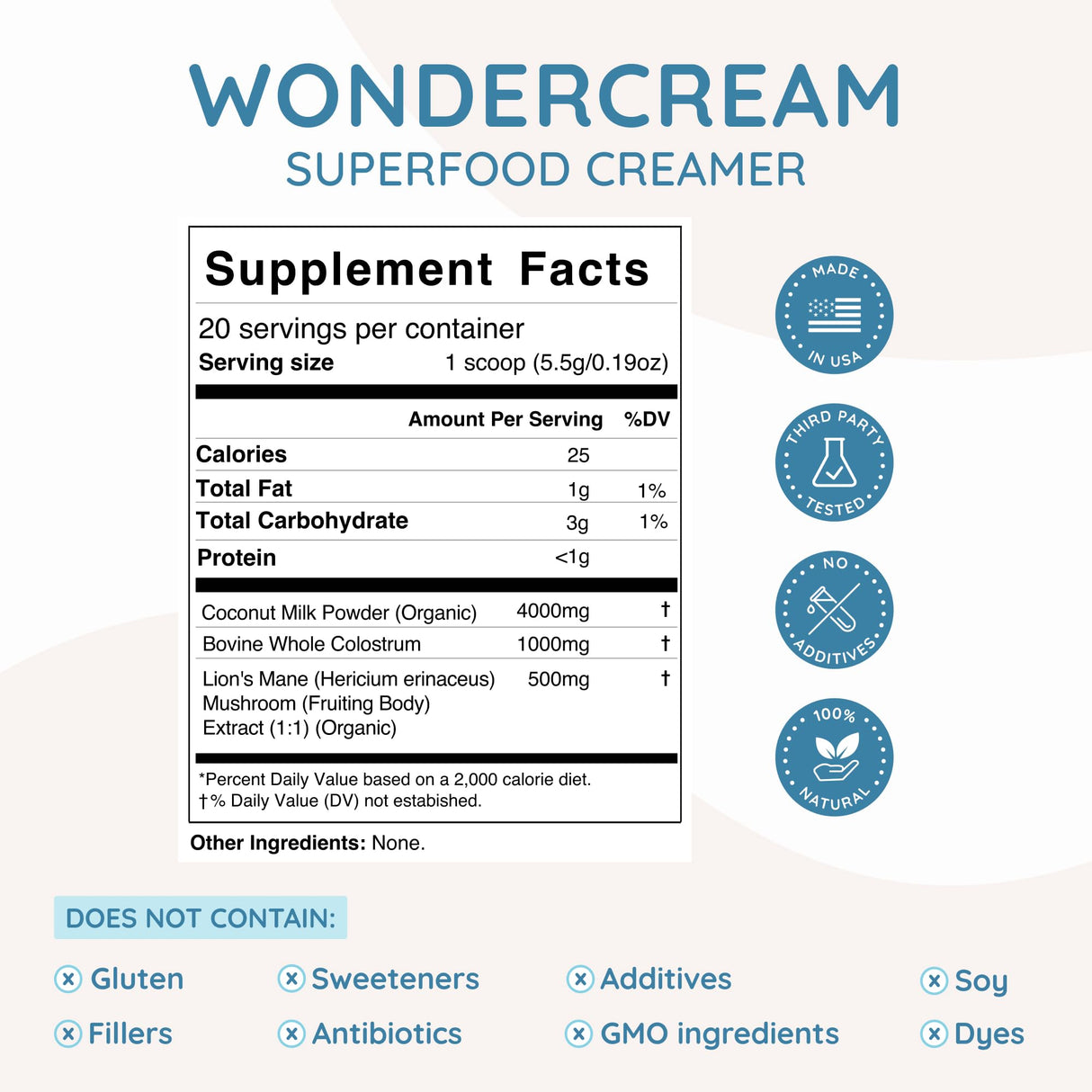 WonderCow Bovine Colostrum Superfood Creamer Supplement Powder w/Organic Lions Mane Mushroom & Coconut Milk Powder MCTs | Functional Sugar Free Keto Coffee, Smoothie & Drink Mix Unsweetened