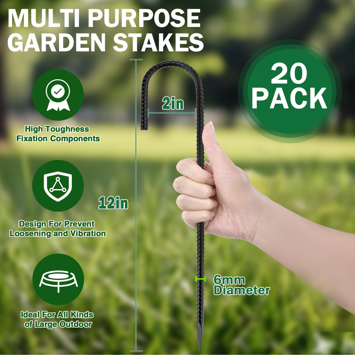 GESTONE 20 PCS Garden Ground Stakes 12" Rebar Stakes Heavy Duty J Shape