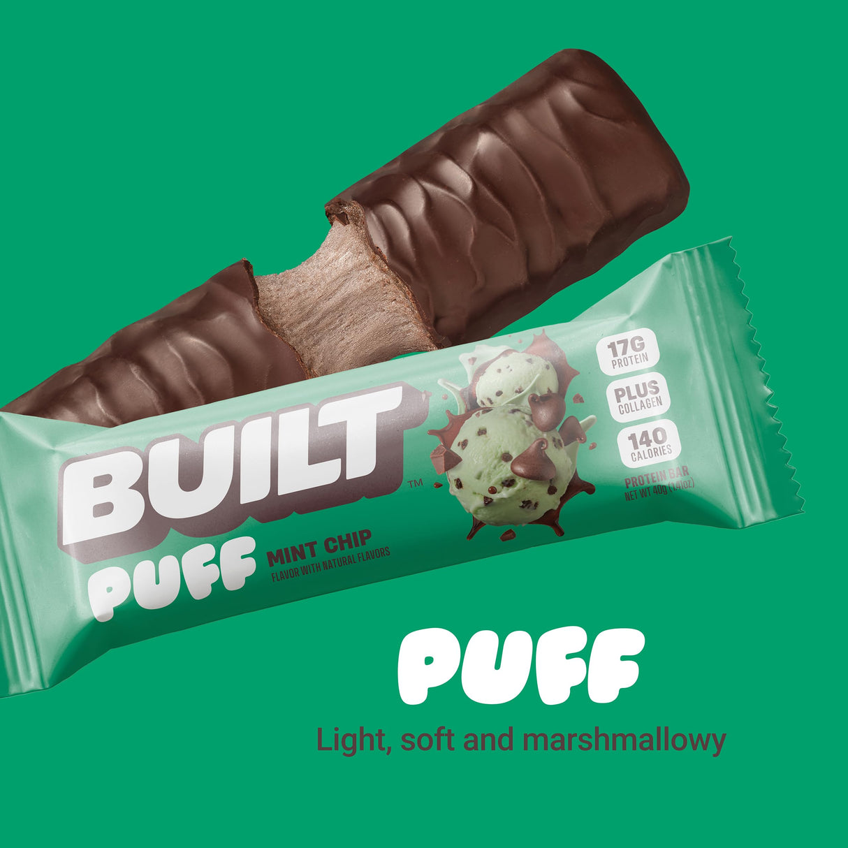 Built Bar, Puff Protein Bars, Mint Chip Puff, 17g Protein Snacks, On-The-Go Bars, Only 140 Calories, 6g Sugar, Collagen, Gluten Free, 12 Count