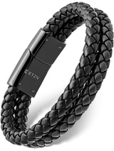 RTZN® Black Leather Bracelet for Men – Premium Artisan Handcrafted Double Strand Black Braided Leather Bracelet – Authentic Stacked Mens Leather Bracelets (Medium)