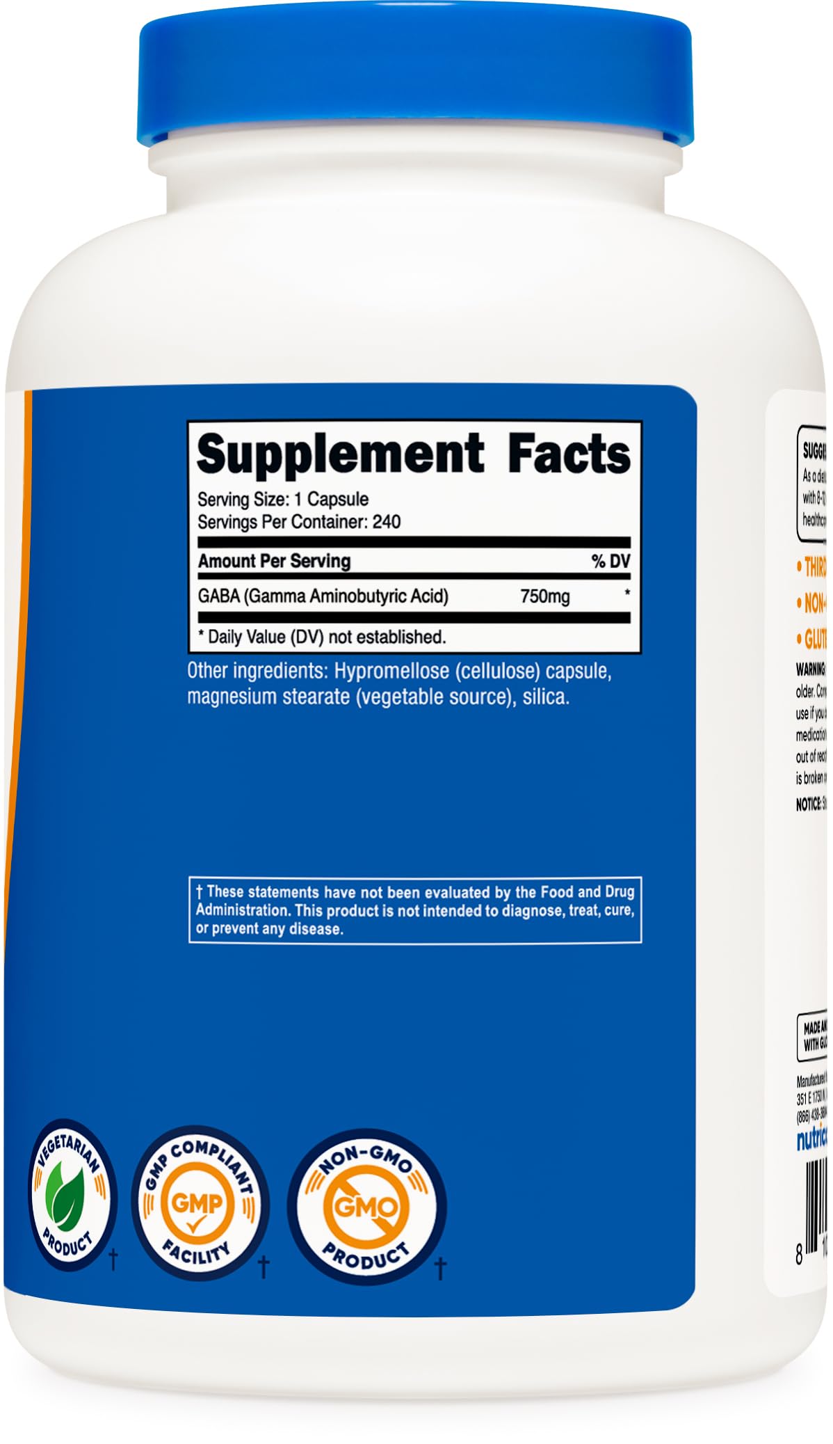 Nutricost GABA (Gamma Aminobutyric Acid) 750mg, 240 Capsules, 240 Servings - Non-GMO, Gluten Free