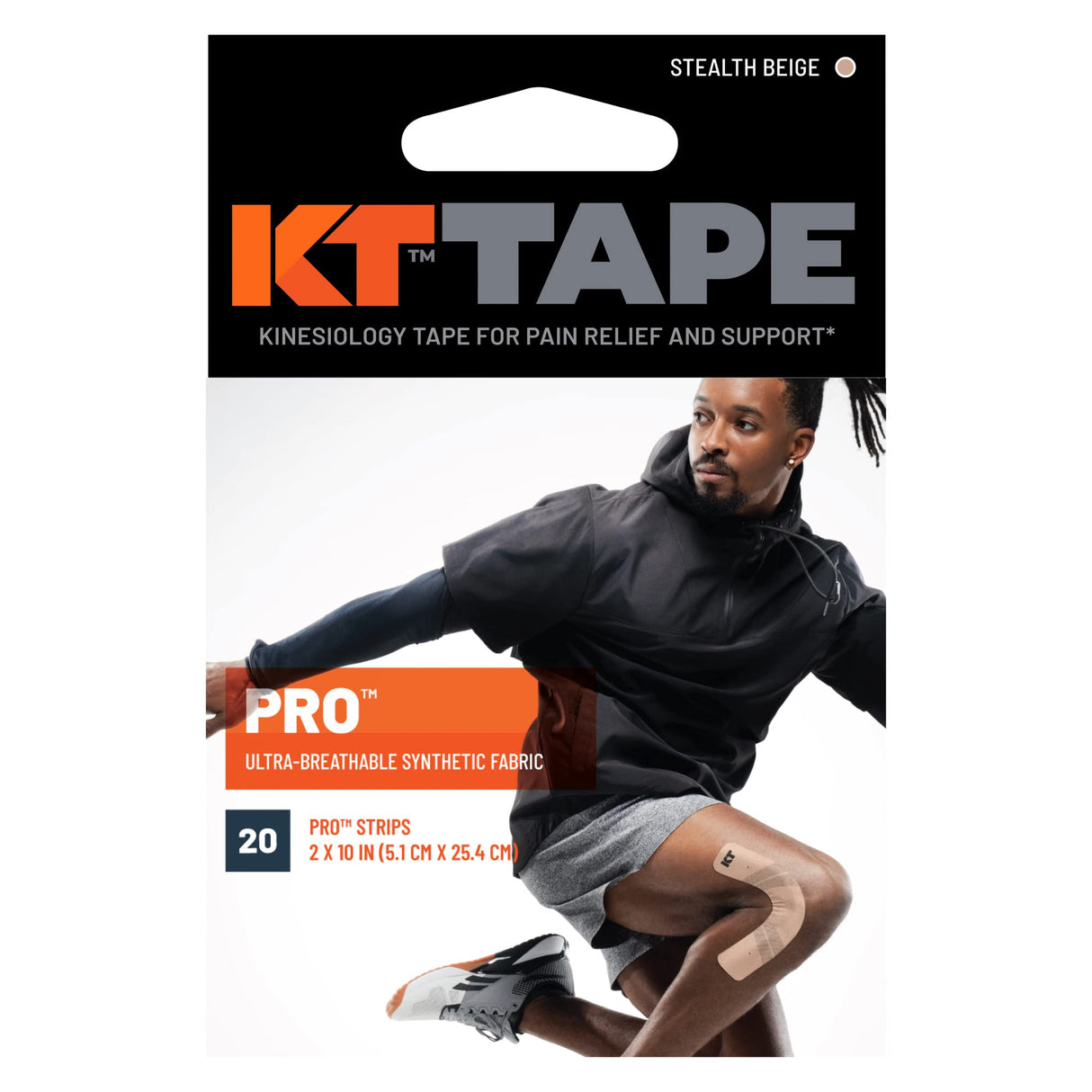 KT Tape, Pro Synthetic Kinesiology Athletic Tape, 20 Count, 10” Precut Strips, Stealth Beige