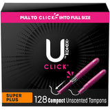 U by Kotex Click Compact Tampons, Super Plus Absorbency, Unscented, 128 Count (8 Packs of 16) (Packaging May Vary)