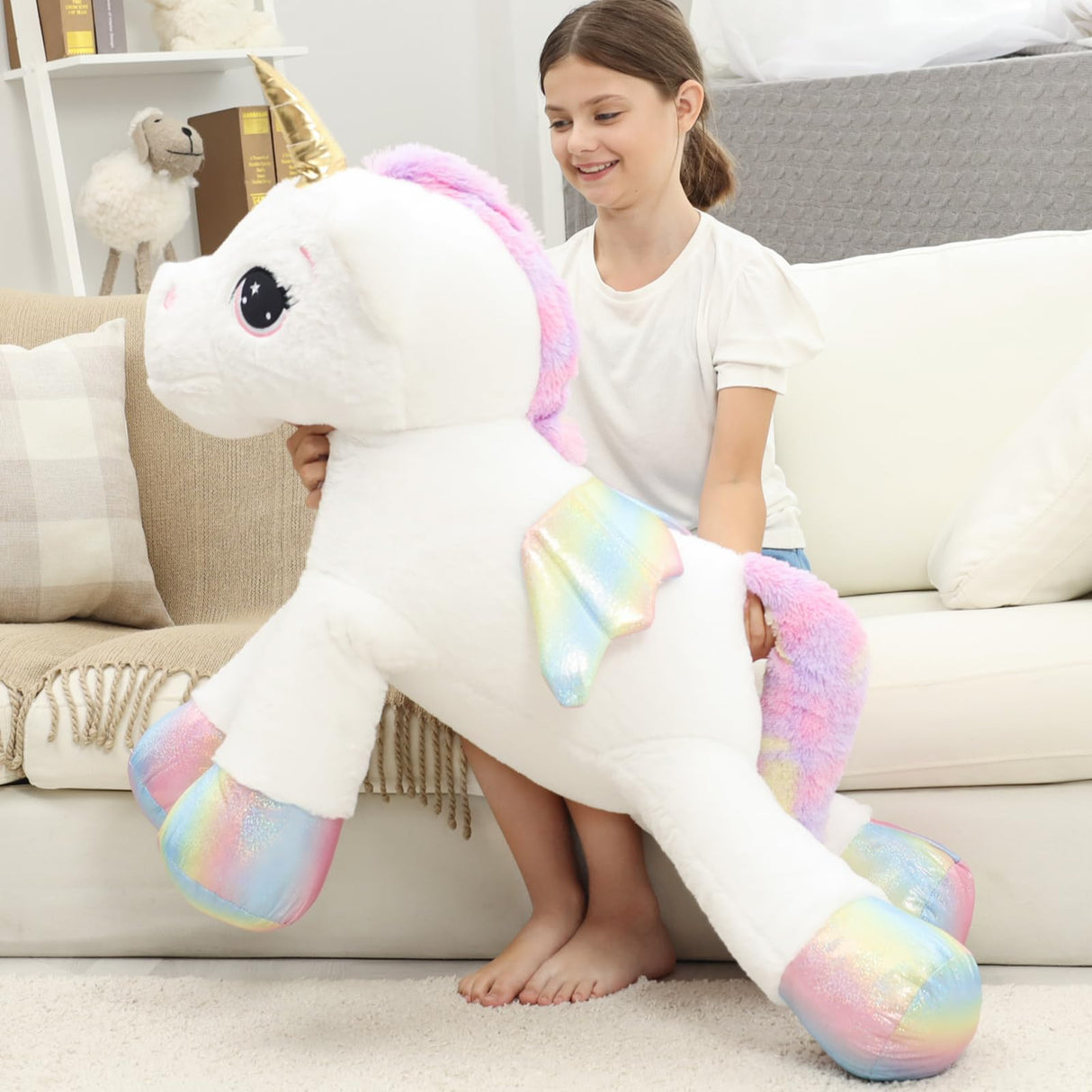 FFxiong 44 Inch Giant Unicorn Stuffed Animal Pillow, Cute Soft Big Unicorn with Rainbow Wings Large Plush Toy, Gifts for Girlfriend Girls Boys Kids Birthday Valentines Christmas