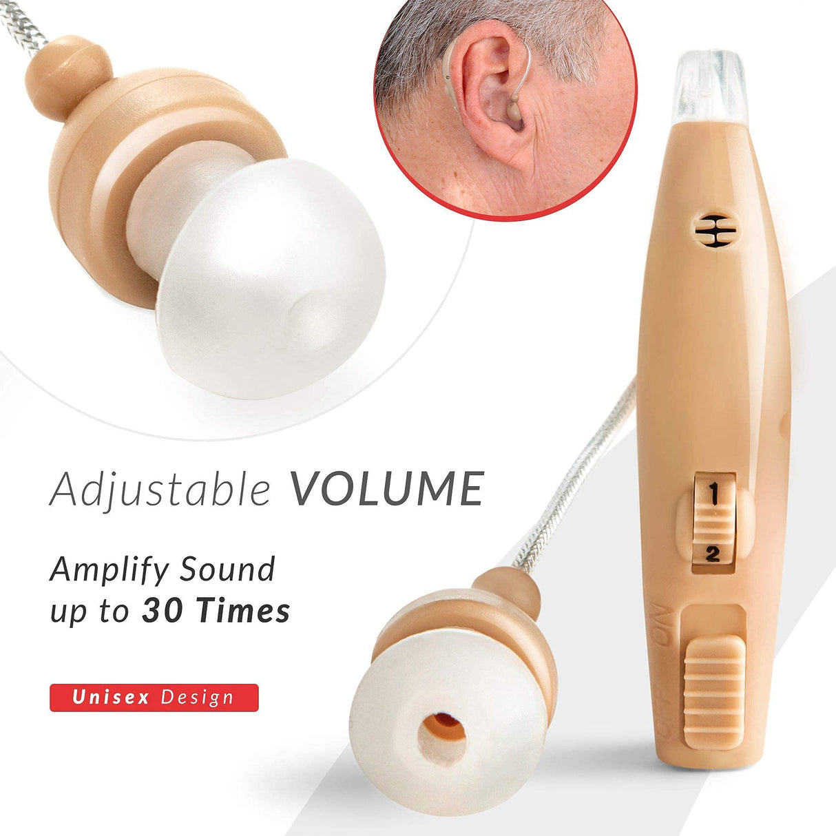 MSA 30X Behind the Ear Sound Amplifier, Amplifies Sound by 30 Times, Lightweight, Virtually Invisible, Comfortable, Adjustable Volume, Fast Charging, Nude, 1ct