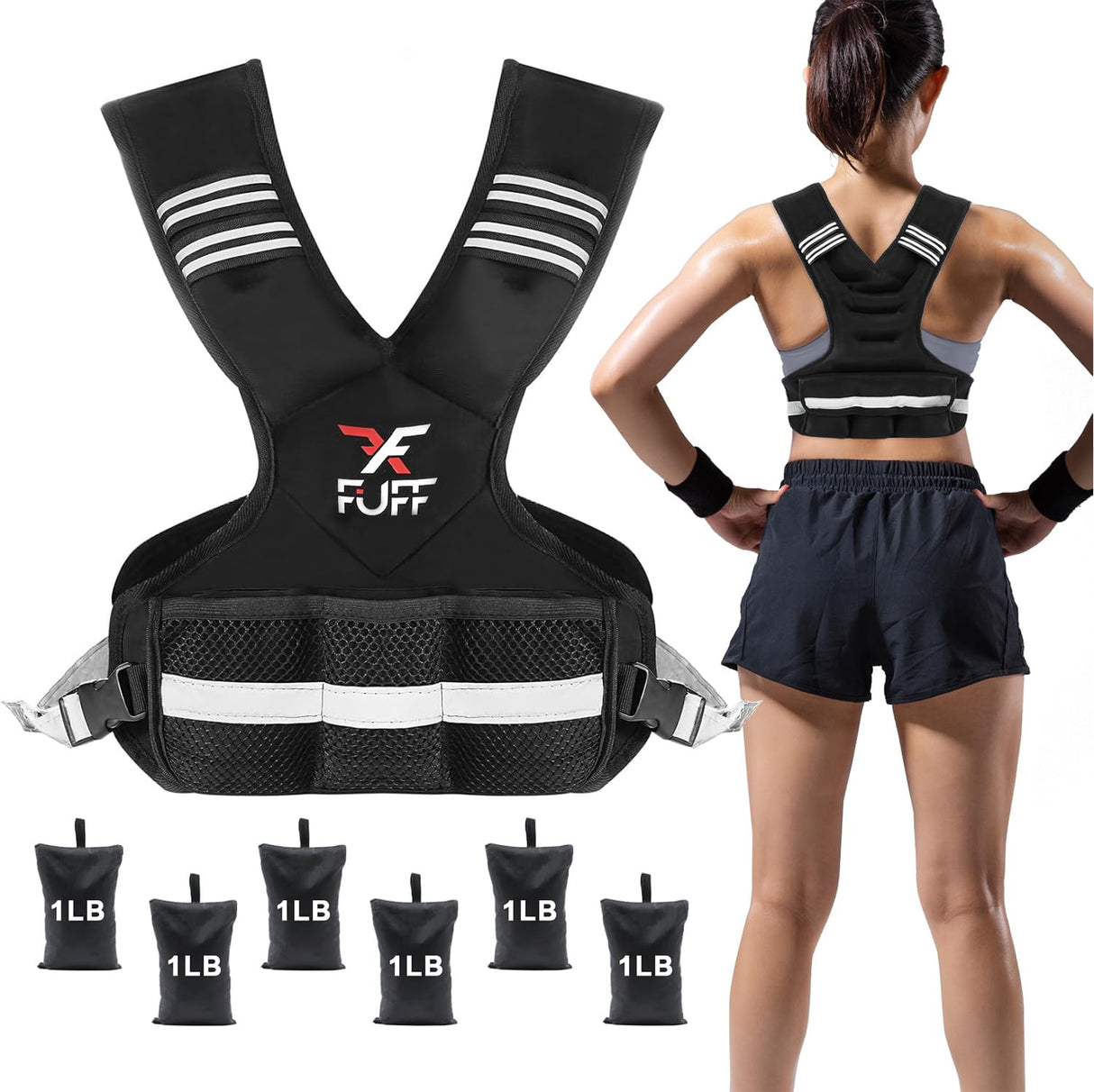 FUFF Adjustable Weighted Vest for Women & Men,4-10lb Vest with 6 Ironsand Weights for Strength Training,Weight Vest with Reflective Strip for Running Walking Exercise Workout