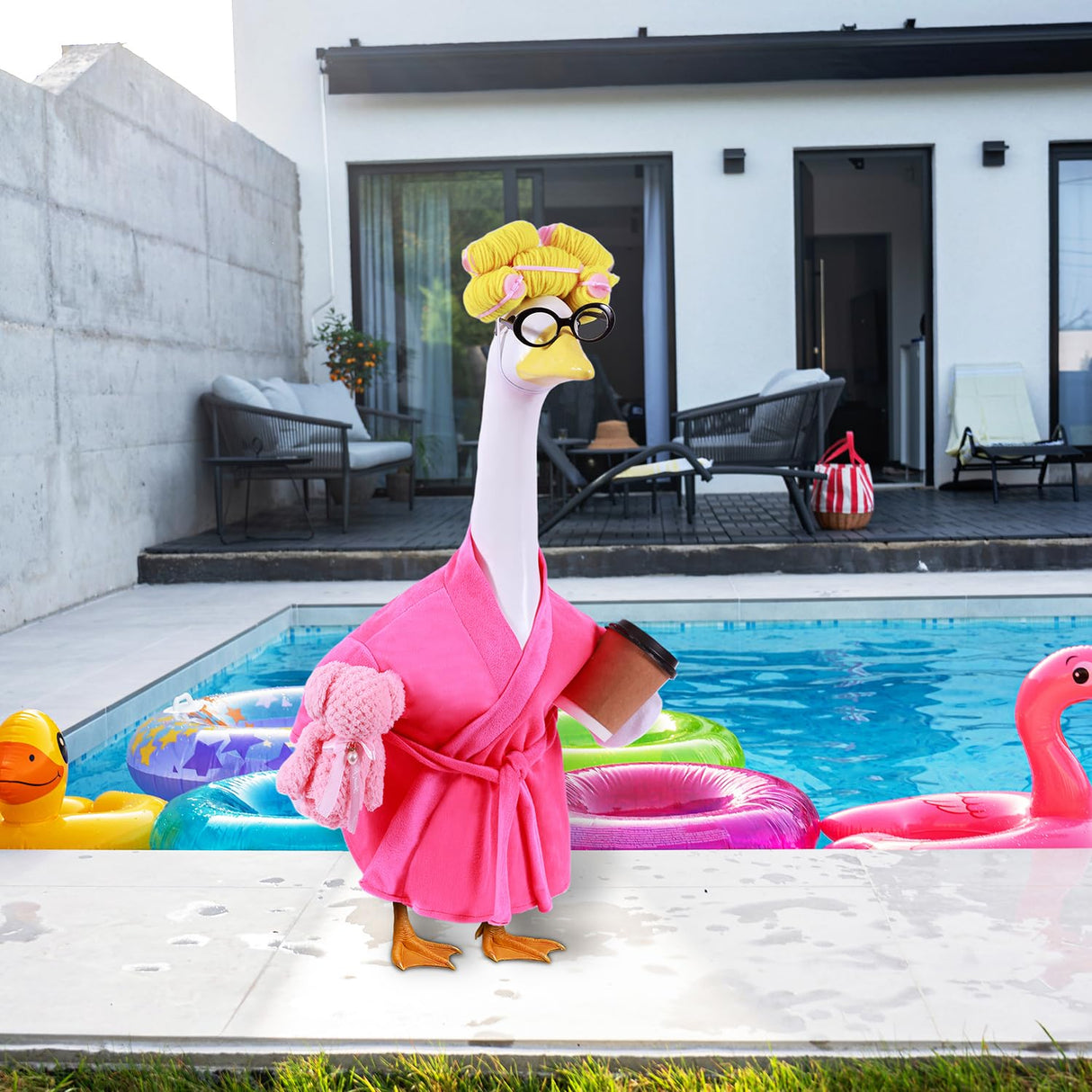 Lady Porch Goose Outfits,Bathrobe Porch Goose Statue Costume with Curlers Reading Glasses Coffee Cup Towel,Cute Goose Clothes for 23-Inch Cement or Plastic Statue,Lawn Yard Garden Patio Decor(Pink)