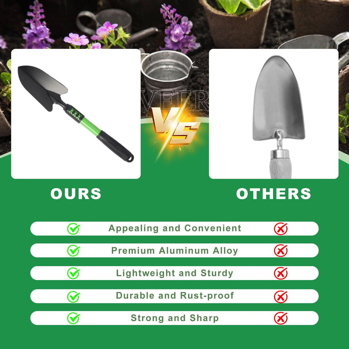 Zenrok Gardening Tool, 3 Pack Lightweight Heavy Duty Spade Shovel, Garden Tools and Hand Rake with Soft Rubber Non-Slip Handle, for Gardenging Planting Weeding Digging, Green ﻿