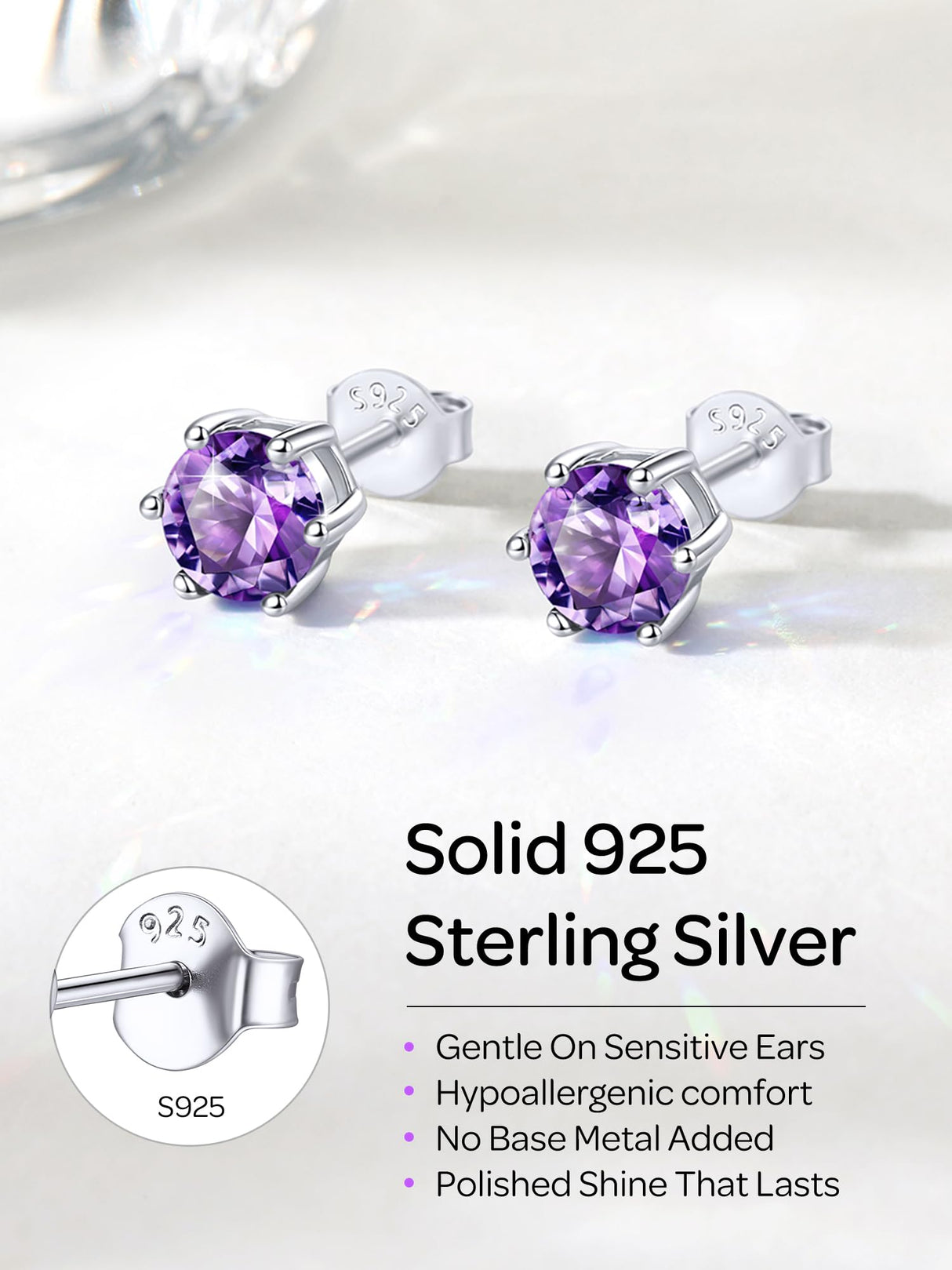 ChicSilver February Birthstone Earrings for Women 925 Sterling Silver Small Round Amethyst Stud Earrings Hypoallergenic