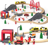 Giant bean 72PCS Fire Station Wooden Train Track Electric Train Set, Gift Packed Toy Railway Kits for Kids, Toddler Boys and Girls 3,4,5 Years Old and Up, Christmas Birthday Gift Toy for Kids