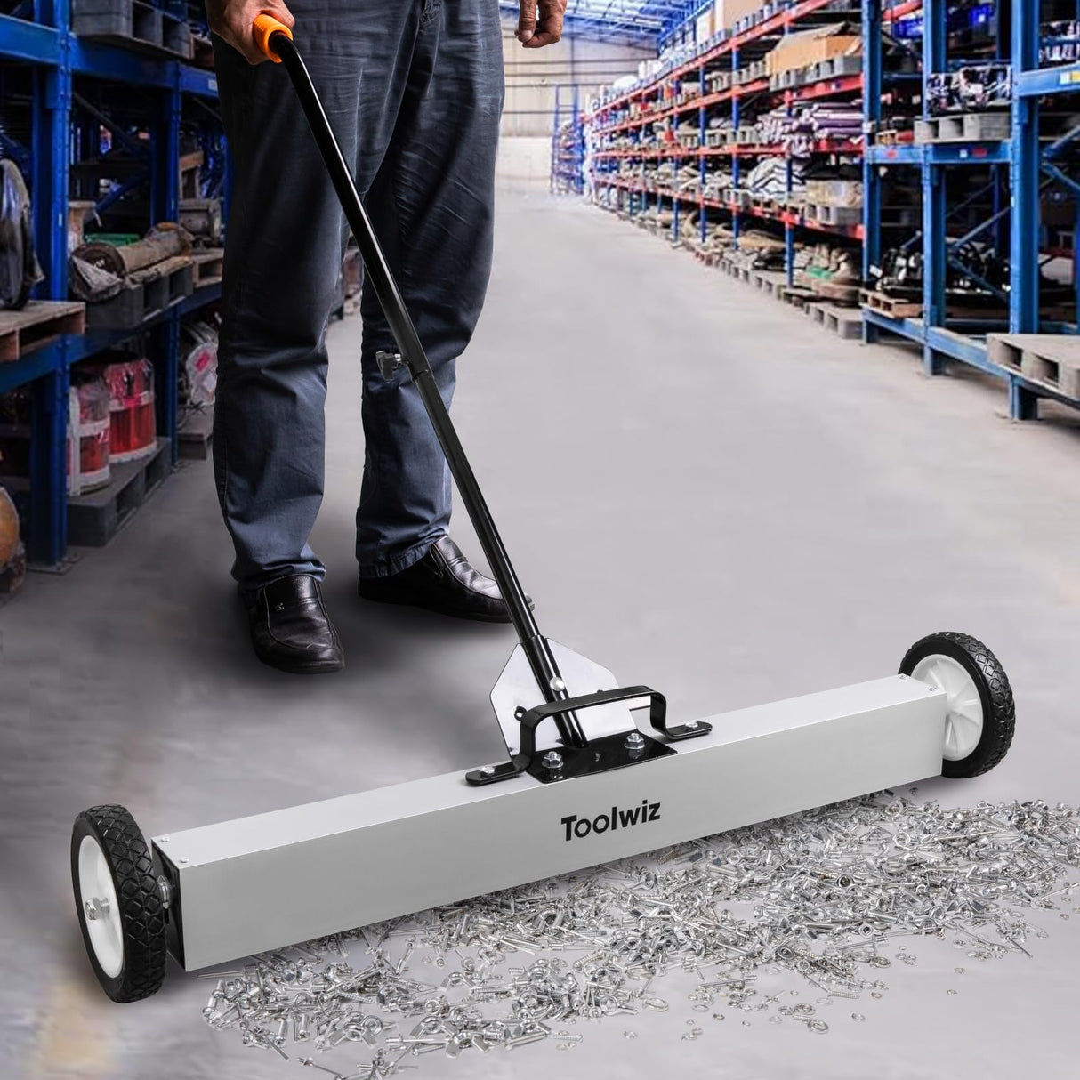 Toolwiz 36'' Magnetic Sweeper with Wheels, 50 Lbs Capacity Rolling Magnetic Floor Sweeper with Telescoping Holder and Quick Release Latch Industrial Heavy Duty Metal Pick Up 36 Inches