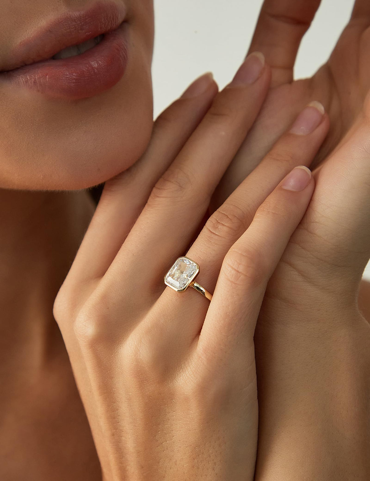 EAMTI 3CT Engagement Rings for Women Radiant Cut CZ Solitaire Promise Wedding Bands Travel Bezel Ring 14K Gold Plated Size 7.5