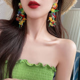 Hypoallergenic Rainbow Flower Floral Statement Dangle Earrings - Colorful Tassel, Beaded Leaf Cluster Drop Earrings