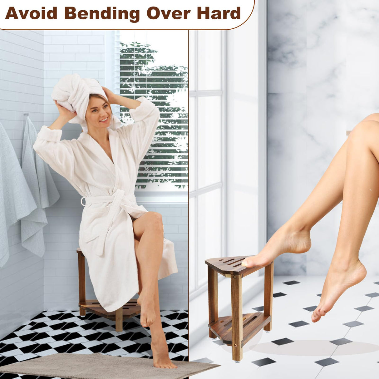 IBosins Corner Shower Stool with Storage Shelf Shower Foot Rest for Shaving Legs Small Bench for Inside Shower to Sit on Bath Seat - Acacia Wood